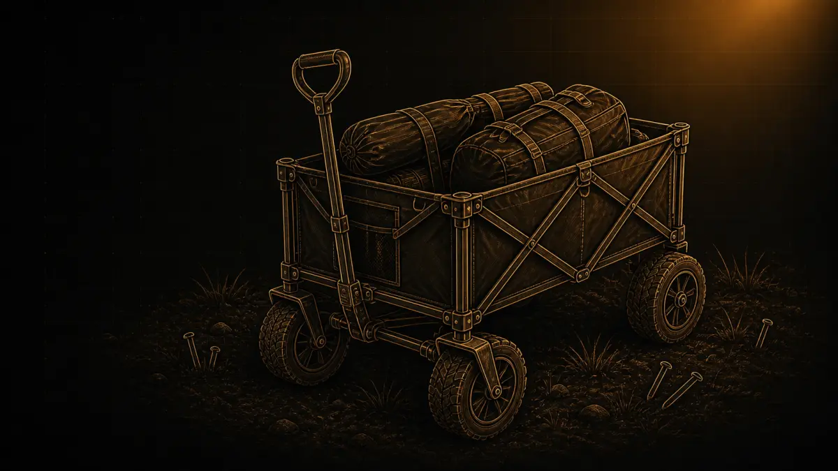 Bronzefarbene Linienillustration eines Festival-Bollerwagens mit Camping-Gepäck