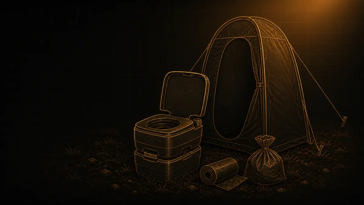 Bronzefarbene Linienillustration einer Camping-Toilette mit Sichtschutz-Kabine