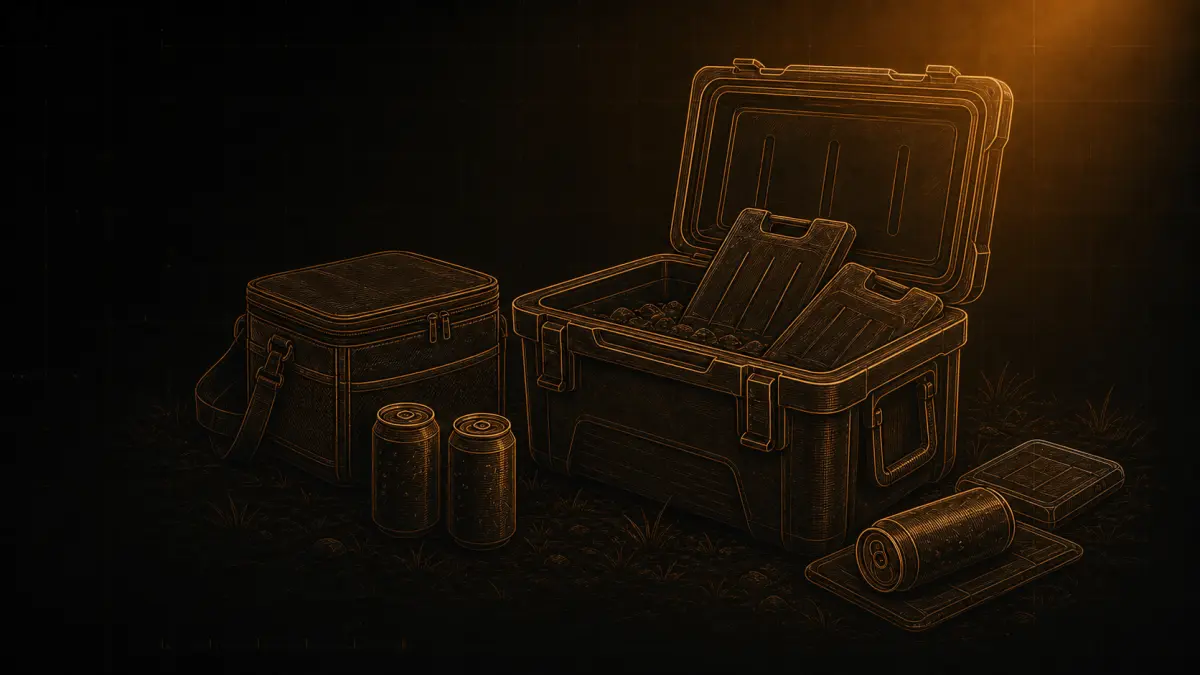 Bronzefarbene Linienillustration einer Festival-Kühlbox mit Getränken und Kühlakkus