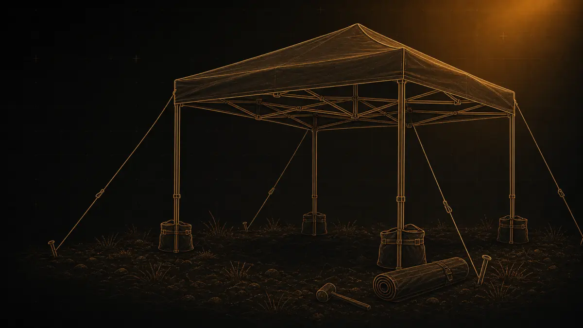 Bronzefarbene Linienillustration eines Festival-Pavillons mit Abspannleinen