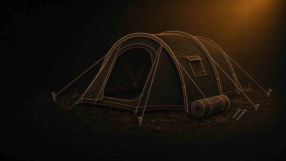 Bronzefarbene Linienillustration von Festival-Campingausrüstung