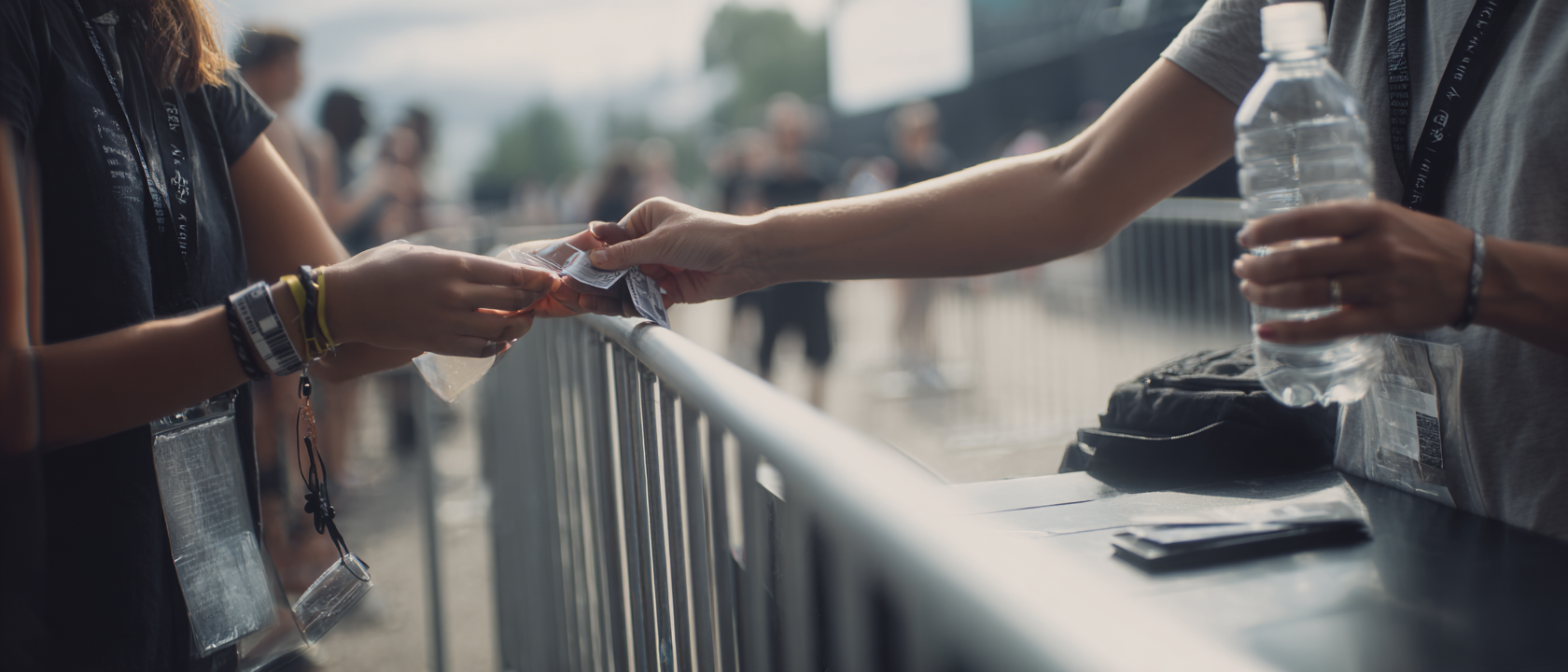 KI-generiertes Symbolbild einer Taschen- und Wristband-Kontrolle am Festival-Eingang