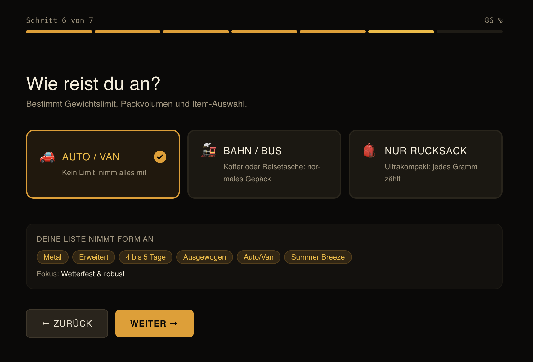 Screenshot des Packlisten-Generators mit Auswahl zur Anreise