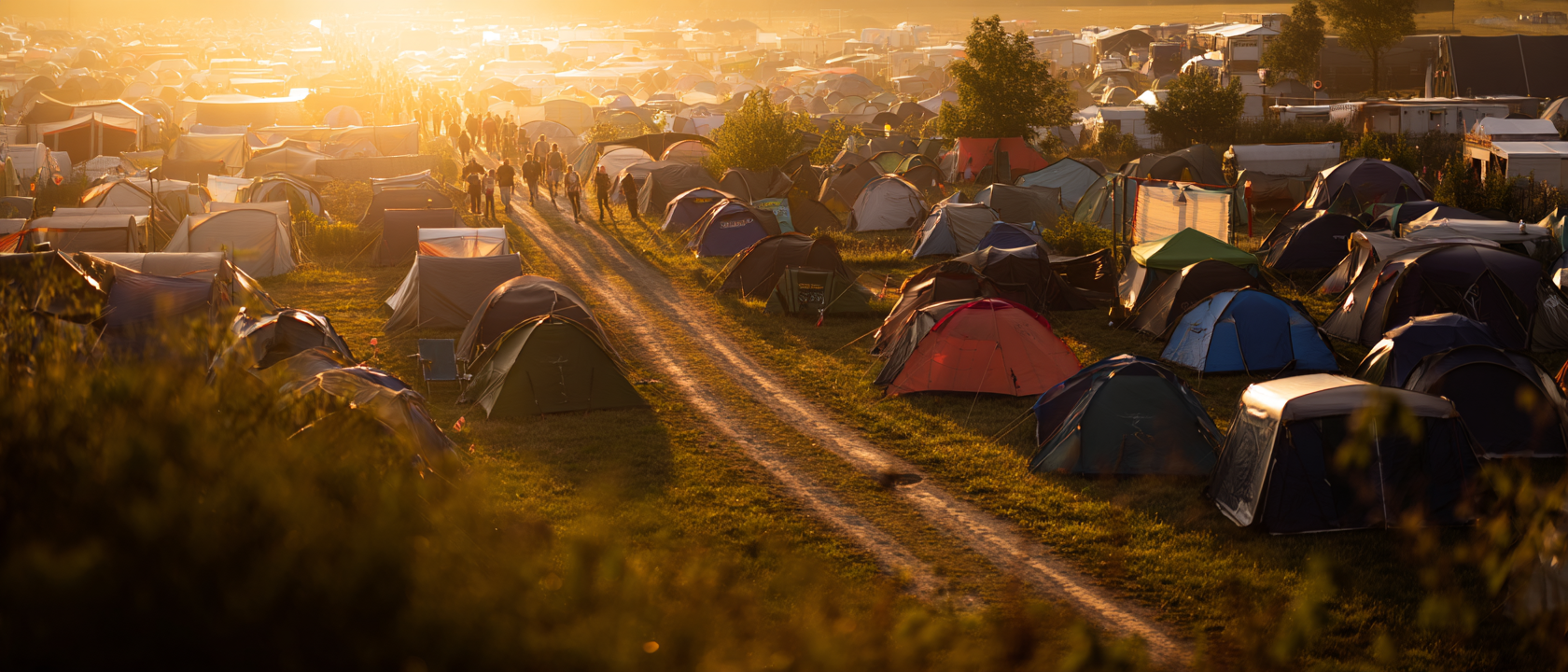 KI-generiertes Symbolbild eines Festival-Campingplatzes in der Abendsonne